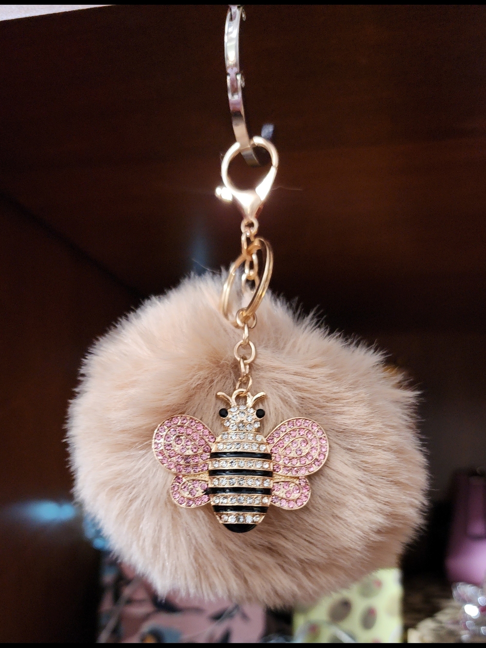 Faux Fur Pom Pom Keychain with Pink Bumblebee Charm